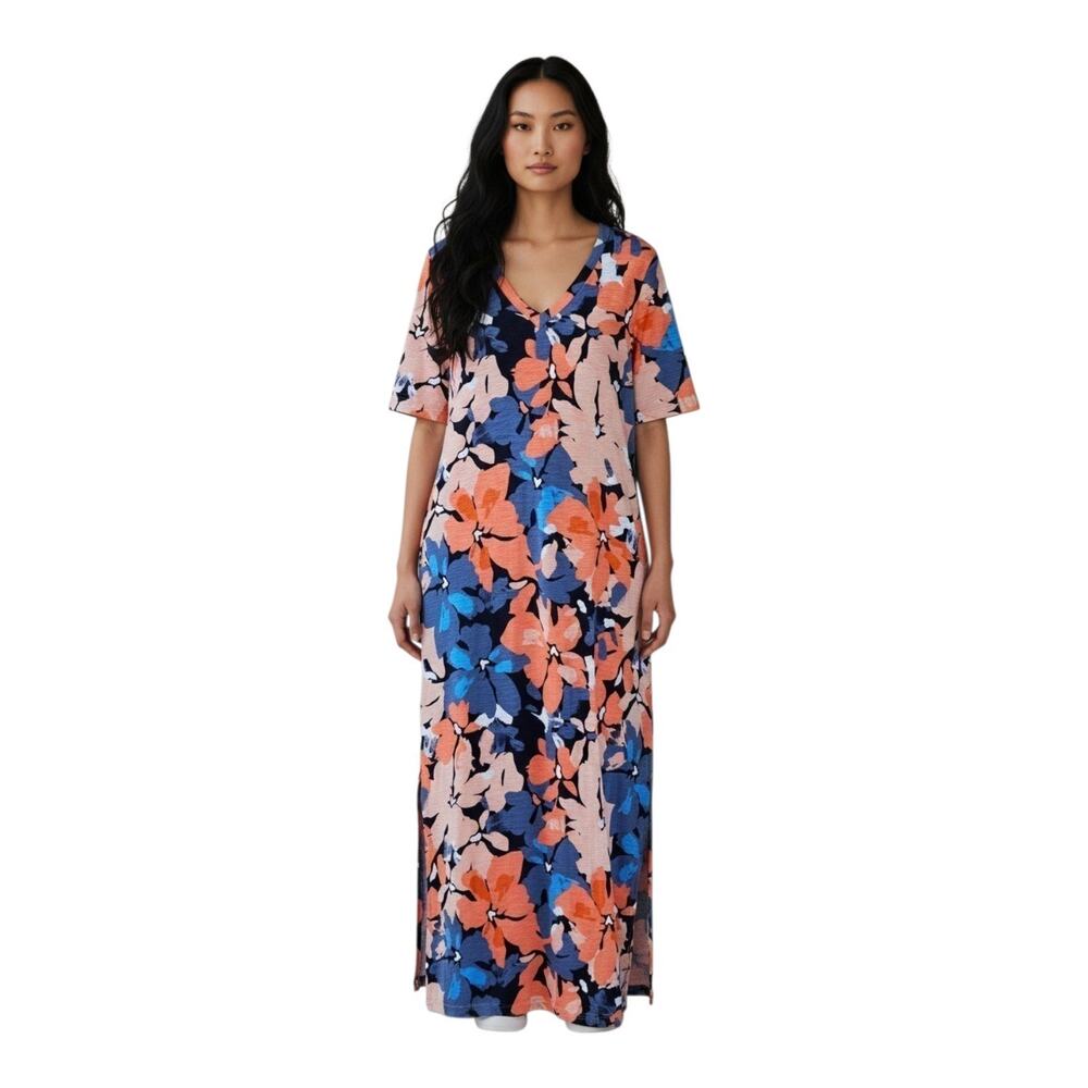 CHICO'S 1 Women M 8 10 Maxi Dress Tropical Floral Blue Coral Short Sleeve Resort